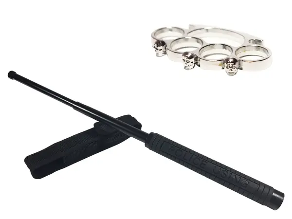 Set baston telescopic Police, 49 cm si box craniu argintiu