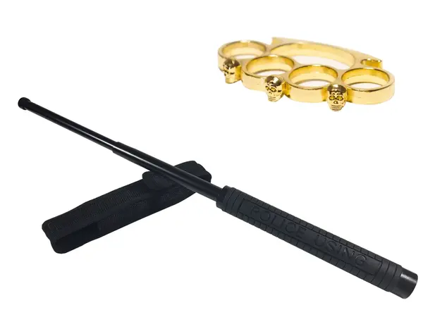 Set baston telescopic Police, 49 cm si box craniu auriu