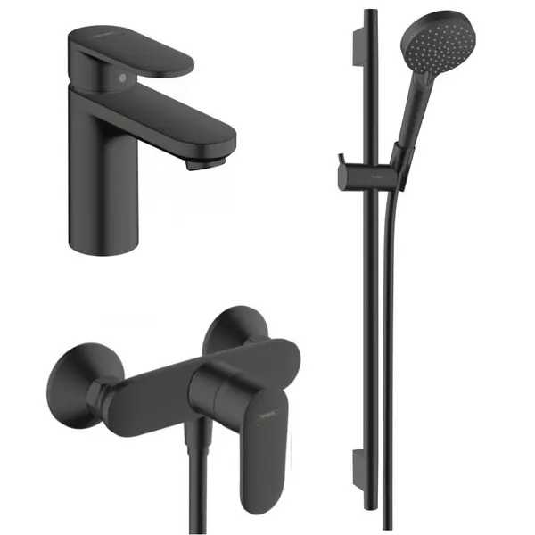 Set baterie lavoar, baterie dus si set de dus, negru mat, Hansgrohe Vernis Blend