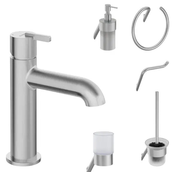 Set baterie lavoar si accesorii baie Deante Silia, otel slefuit