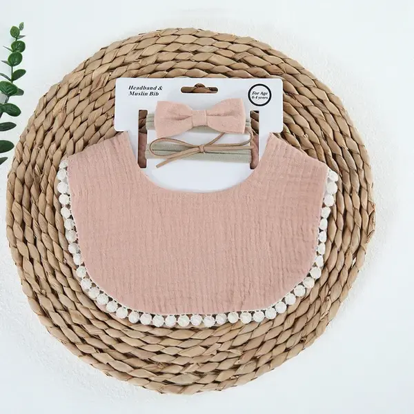 Set Bavetica cu Fundita pentru Copii din Bumbac - Roz Prafuit