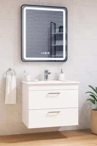 Set Baza cu Lavoar si Oglinda cu iluminare LED seria 067, suspendata cu sertare, 70 cm, alb