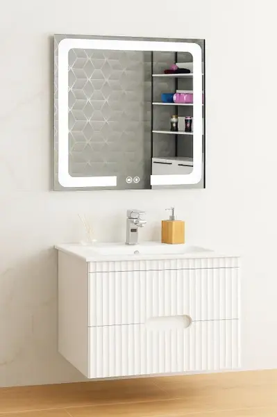 Set Baza front MDF cu Lavoar si Oglinda cu iluminare LED, seria 009, suspendata, cu sertare, 80 cm, alb