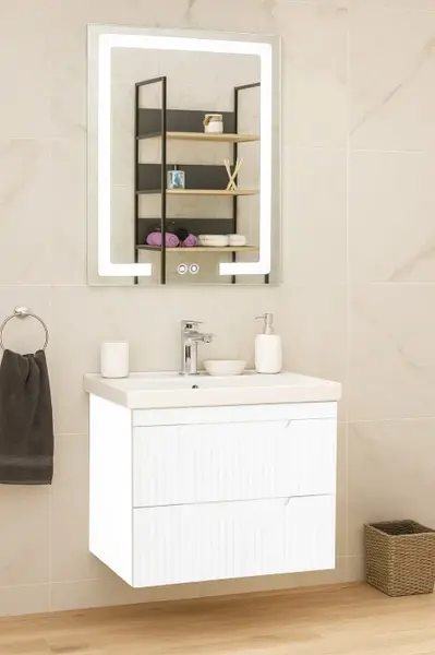 Set Baza front MDF cu Lavoar si Oglinda cu iluminare LED, seria 733, suspendata, cu sertare, montat, 60 cm, alb