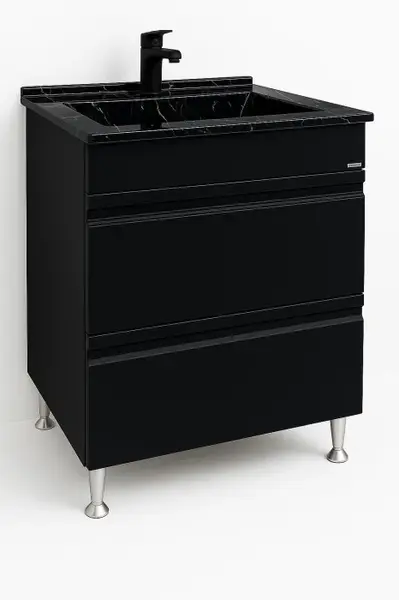 Set Baza front MDF si Lavoar granit seria 486, cu sertare, 60 cm, negru