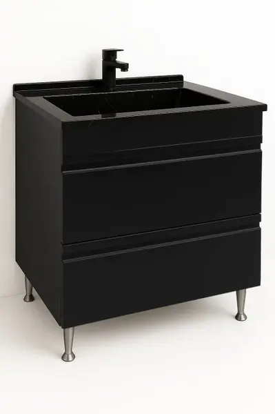 Set Baza front MDF si Lavoar granit seria 486, cu sertare, 80 cm, negru