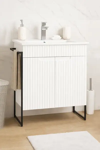 Set Baza front MDF si Lavoar seria 033, cadru metalic, 60 cm, alb rustic