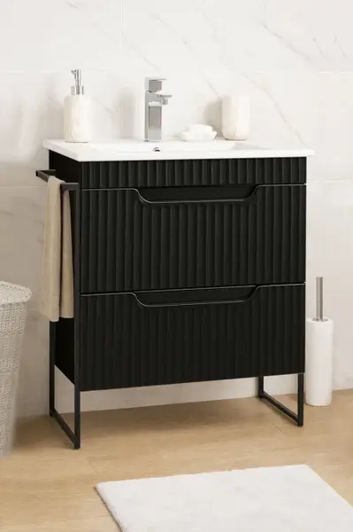 Set Baza front MDF si Lavoar seria 033, cadru metalic, cu sertare, montata, 60 cm, negru