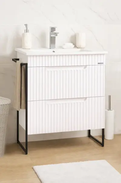 Set Baza front MDF si Lavoar seria 033, cadru metalic, cu sertare, montata, 60 cm, alb rustic