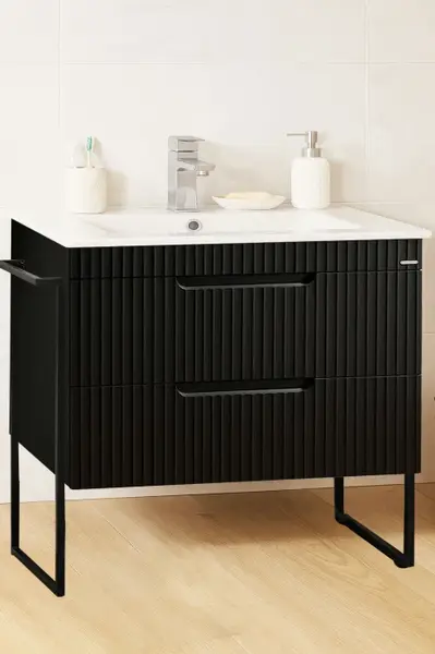 Set Baza front MDF si Lavoar seria 033, cadru metalic, sertare, montata, 80 cm, negru