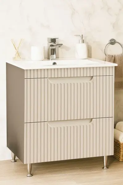 Set Baza front MDF si Lavoar seria 033, cu sertare, montat, 70 cm, crem