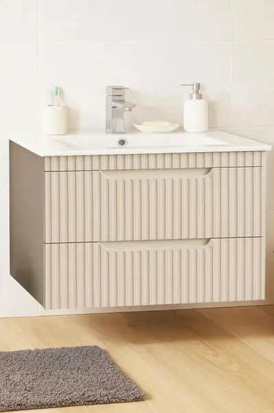 Set Baza front MDF si Lavoar seria 033, suspendata, cu sertare, montata, 80 cm, crem