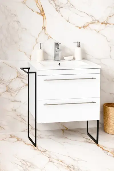 Set Baza front MDF si Lavoar seria 054, cadru metalic, cu sertare, montata, 60 cm, alb