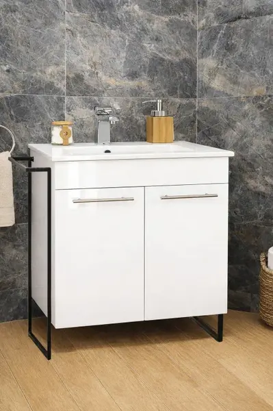 Set Baza front MDF si Lavoar seria 054, cadru metalic, montata, 70 cm, alb