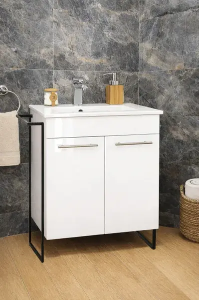 Set Baza front MDF si Lavoar seria 054, cadru metalic, montata, 60 cm, alb