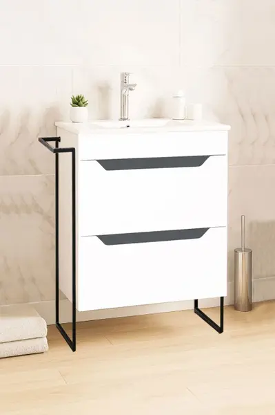 Set Baza front MDF si Lavoar seria 056, cu sertare, cadru metalic, 50 cm, alb + antracit