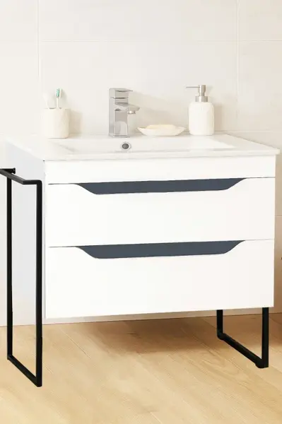 Set Baza front MDF si Lavoar seria 056, cu sertare, cadru metalic, montat, 80 cm, alb + antracit