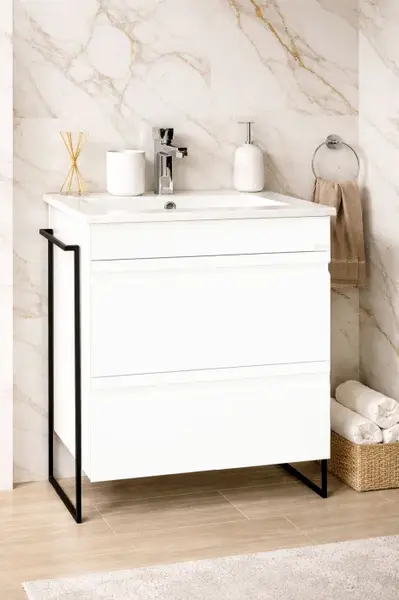 Set Baza front MDF si Lavoar seria 086, cadru metalic, cu sertare, montata, 60 cm, alb