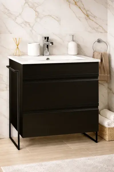Set Baza front MDF si Lavoar seria 086, cadru metalic, cu sertare, montata, 70 cm, negru
