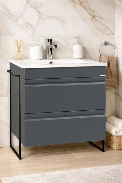 Set Baza front MDF si Lavoar seria 086, cadru metalic, cu sertare, montata, 70 cm, antracit