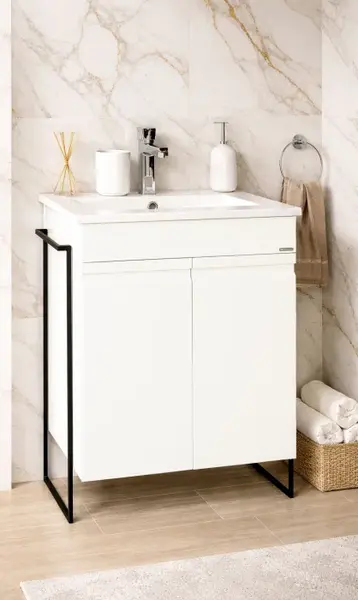 Set Baza front MDF si Lavoar seria 086, cadru metalic, montata, 50 cm, alb