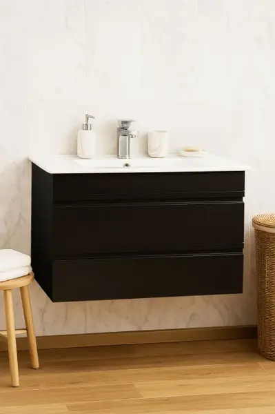 Set Baza front MDF si Lavoar seria 086, suspendata, cu sertare, montat, 80 cm, negru