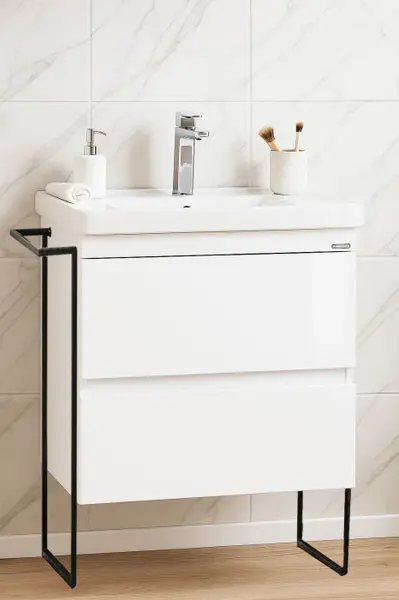 Set Baza front MDF si Lavoar seria 286, cu sertare, cadru metalic, montat, 60 cm, alb