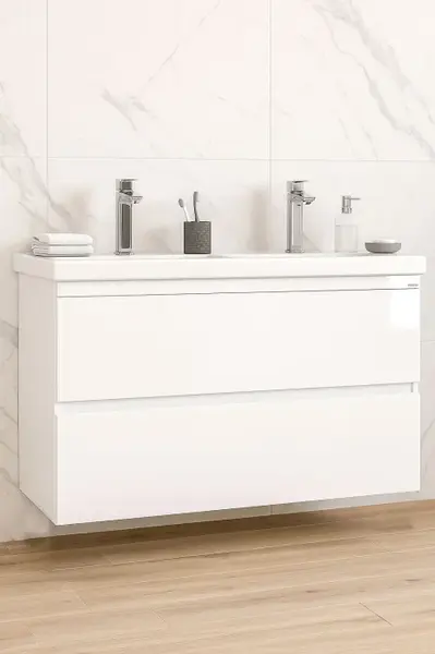 Set Baza front MDF si Lavoar seria 286, suspendata, cu sertare, montat, 120 cm, alb