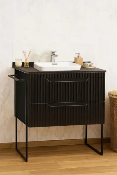 Set Baza front MDF si Lavoar seria 633, cu sertare, cadru metalic, montat, 80 cm, negru