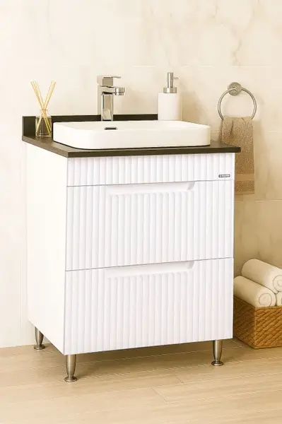 Set Baza front MDF si Lavoar seria 633, cu sertare, montat, 60 cm, alb rustic