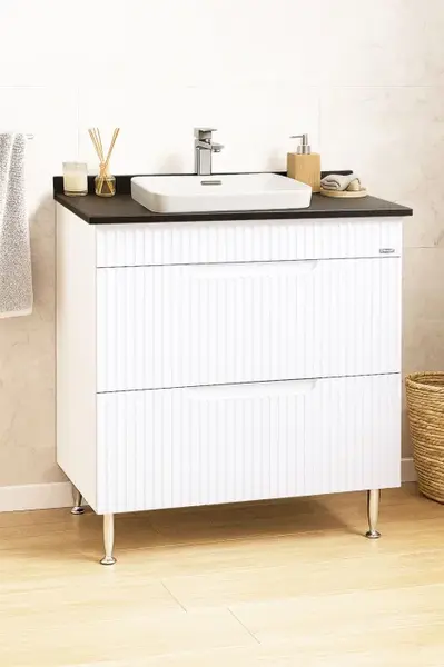 Set Baza front MDF si Lavoar seria 633, cu sertare, montat, 80 cm, alb rustic