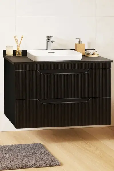 Set Baza front MDF si Lavoar seria 633, suspendata, cu sertare, montat, 80 cm, negru