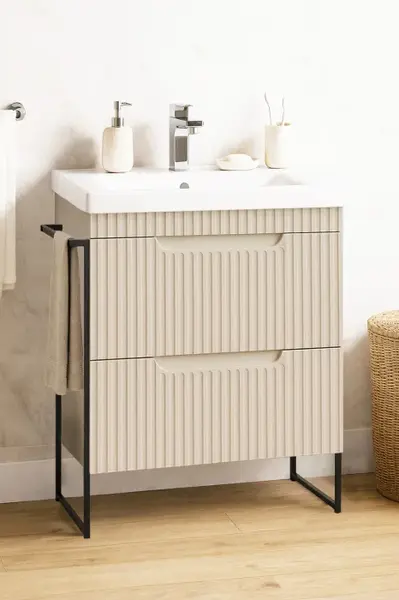 Set Baza front MDF si Lavoar seria 733, cadru metalic, cu sertare, montata, 60 cm, crem