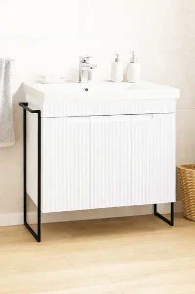 Set Baza front MDF si Lavoar seria 733, cadru metalic, montata, 80 cm, alb rustic