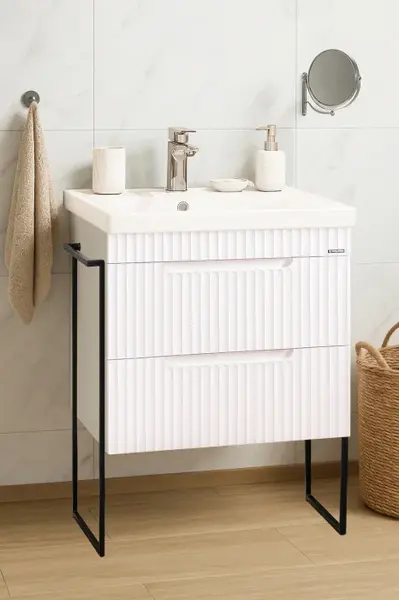 Set Baza front MDF si Lavoar seria 733, cadru metalic, sertare, 60 cm, alb rustic