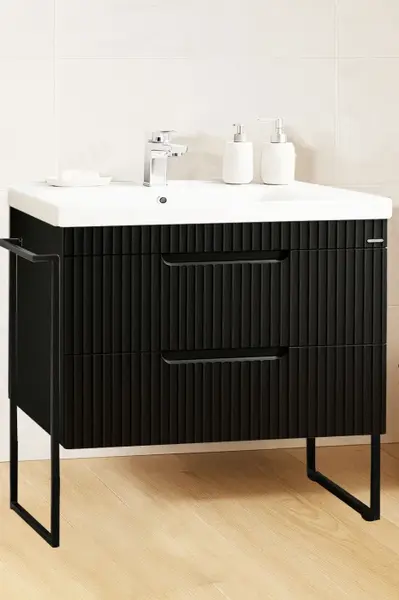 Set Baza front MDF si Lavoar seria 733, cadru metalic, sertare, montata, 80 cm, negru