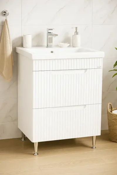 Set Baza front MDF si Lavoar seria 733, cu sertare, montat, 60 cm, alb rustic