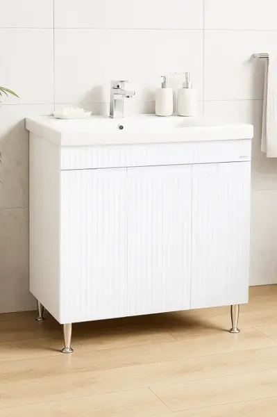 Set Baza front MDF si Lavoar seria 733, montat, 80 cm, alb rustic