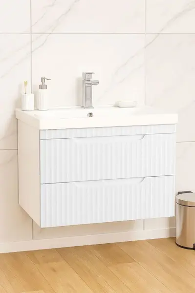 Set Baza front MDF si Lavoar seria 733, suspendata, cu sertare, montat, 70 cm, alb rustic