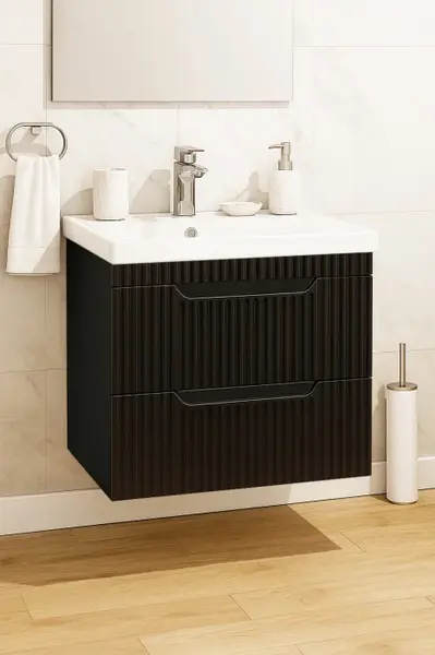 Set Baza front MDF si Lavoar seria 733, suspendata cu sertare, 60 cm, negru