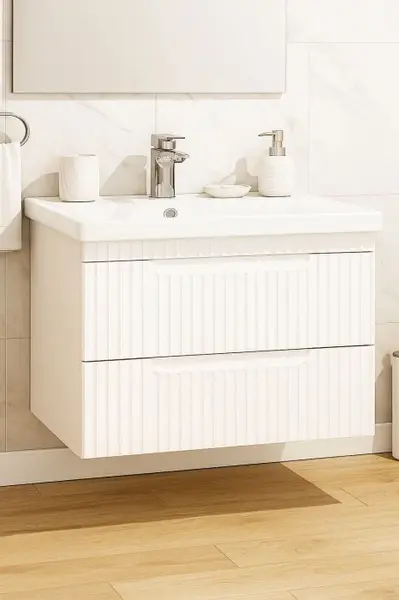 Set Baza front MDF si Lavoar seria 733, suspendata, cu sertare, montat, 80 cm, alb rustic