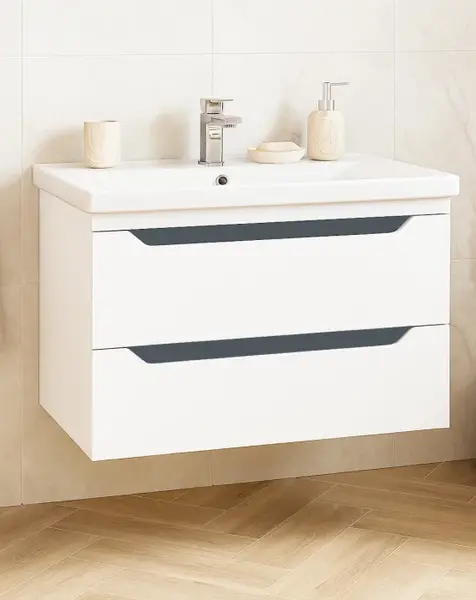 Set Baza front MDF si Lavoar seria 756, suspendata, cu sertare, montat, 80 cm, alb + antracit