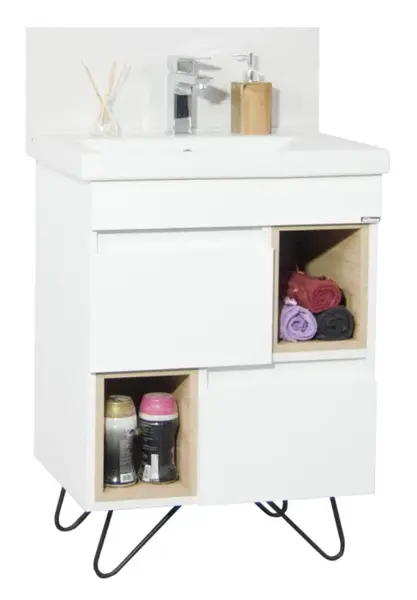Set Baza front MDF si Lavoar seria 760, picioare metalice, 60 cm, alb + sonoma