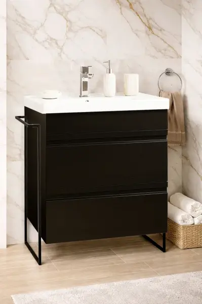 Set Baza front MDF si Lavoar seria 786, cadru metalic, cu sertare, montata, 60 cm, negru