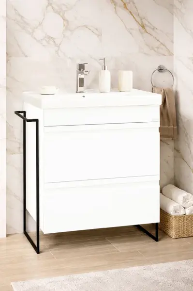 Set Baza front MDF si Lavoar seria 786, cadru metalic, cu sertare, montata, 60 cm, alb