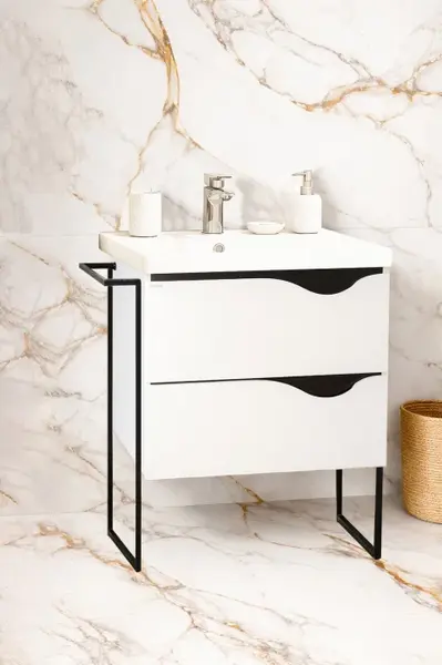 Set Baza front MDF si Lavoar seria 797, cu sertare, cadru metalic, montat, 60 cm, alb