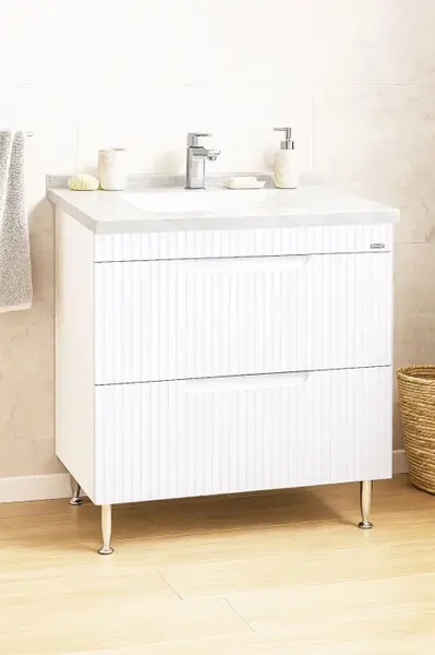 Set Baza front MDF si Lavoar seria 833, cu sertare, montat, 80 cm, alb rustic