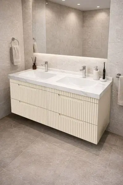 Set Baza front MDF si Lavoar seria 833, suspendata, cu sertare, montat, 120 cm, crem