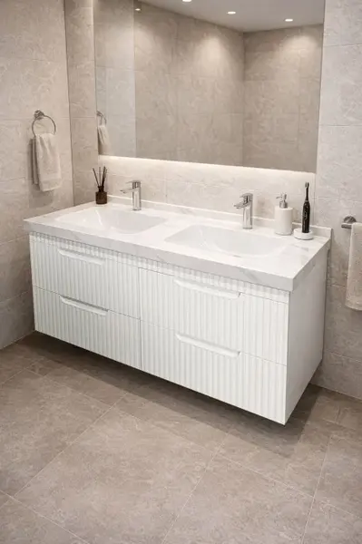 Set Baza front MDF si Lavoar seria 833, suspendata, cu sertare, montat, 120 cm, alb rustic