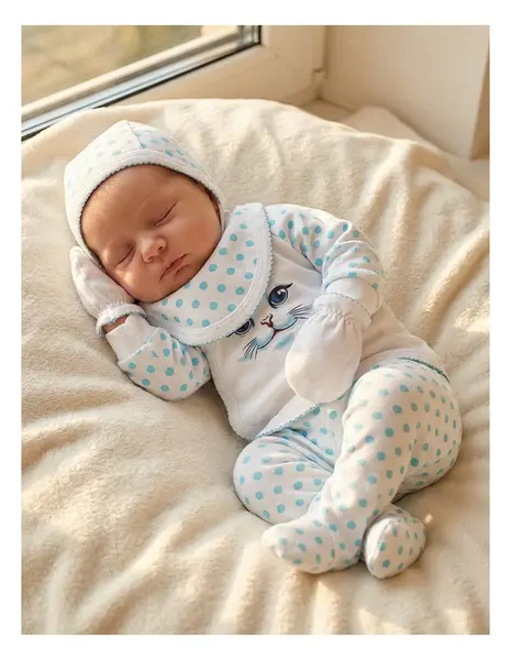 Set Bebe Din Bumbac cu Buline și Motive Pisicuță